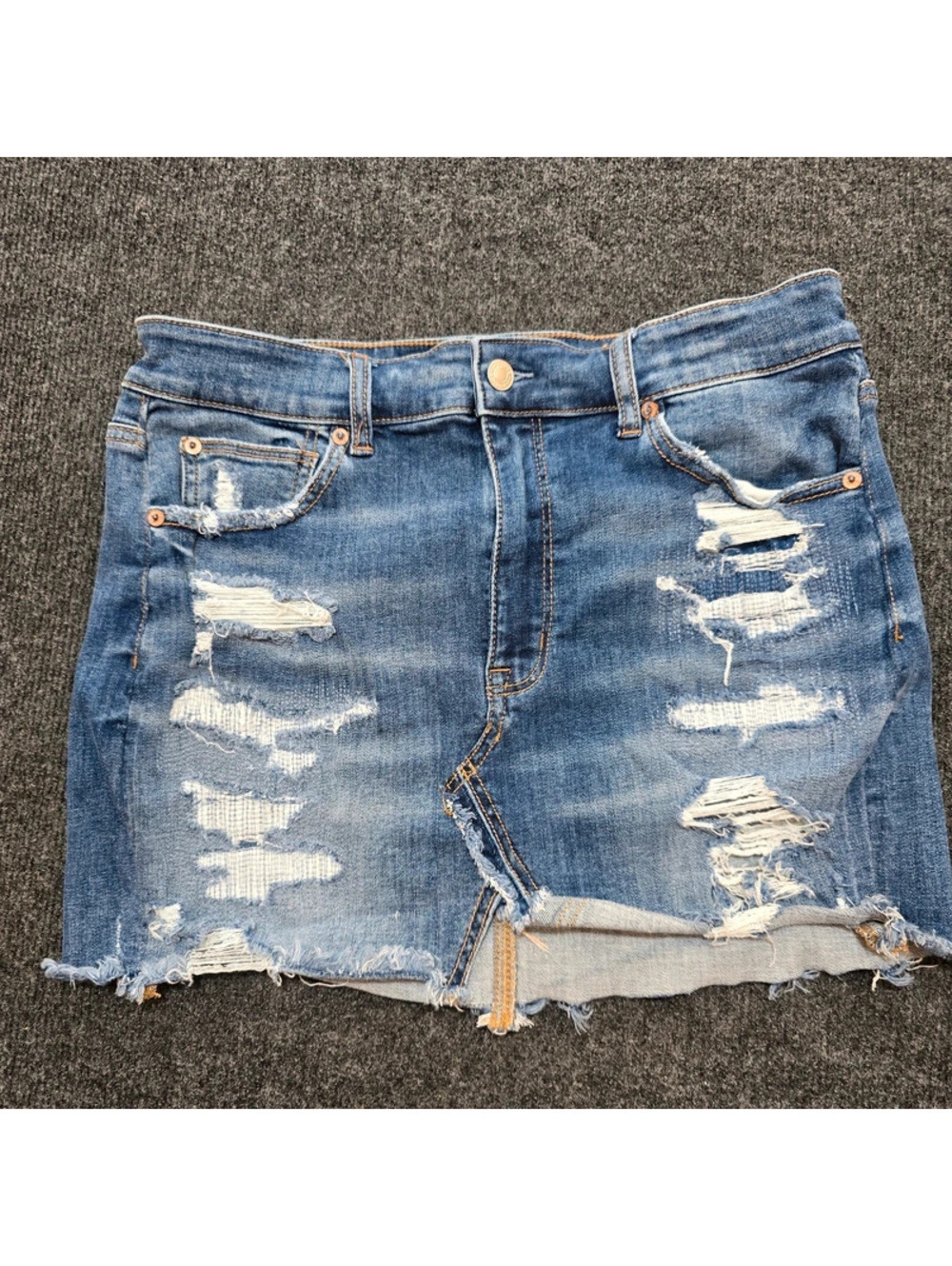 American Eagle Hi-Rise Mini Denim Skirt Next Level Stretch Distressed Blue 12